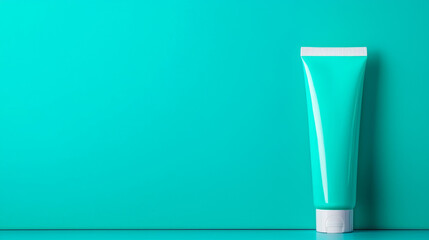 Turquoise tube of lotion on a teal background.