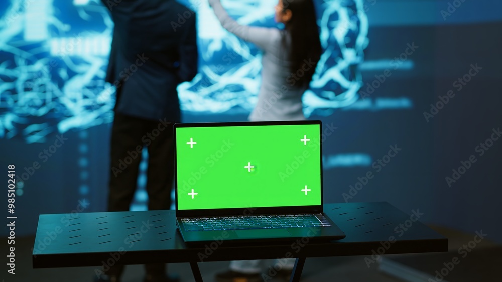 Poster startup coworkers using ai software on chroma key notebook to take data driven decisions. close up o