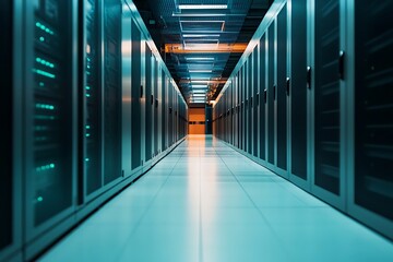 Server room with rows of servers, data center, technology infrastructure
