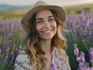 A woman wearing a straw hat is smiling in a field of purple flowers generative ai - Powered by Adobe