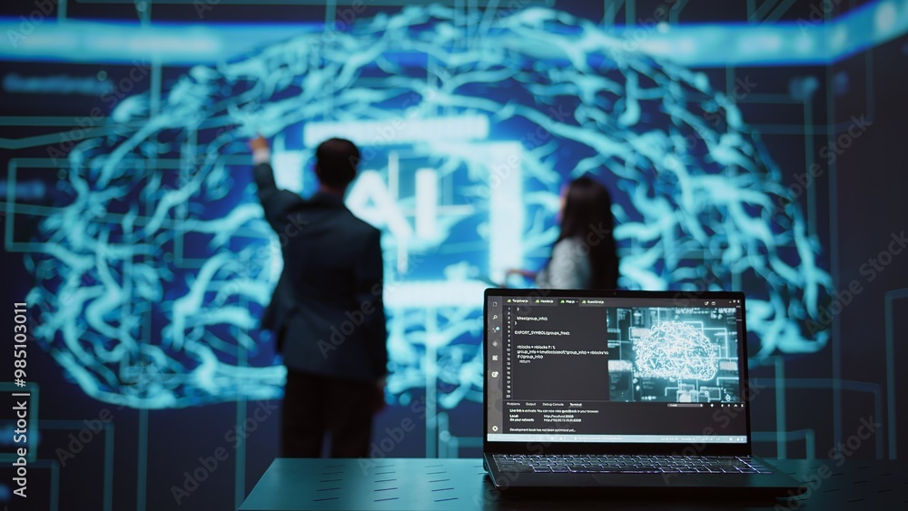 Poster engineers use ar tech to visualize ai neural networks brain, solving company problems. it profession