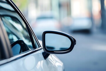 Close up of a car side mirror with blurred city street in background