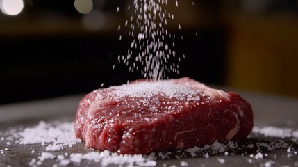 Super slow motion close up of salt sprinkling on raw beef steak in a kitchen setting