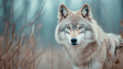 Obraz premium A close up of a wolf standing in tall grass, AI