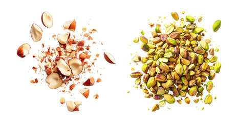 Hazelnuts and pistachios scattered and shelled on transparent background
