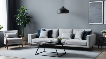 Modern living room featuring a stylish sofa, armchair, coffee table, and decorative plants in a neutral color scheme.
