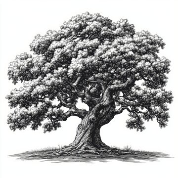 recommend clip art: Oak ancient, sprawling tree with a vast network of roots and a lush canopy sketch engraving generative ai fictional character raster illustration. Scratch board imitation. Black and white image