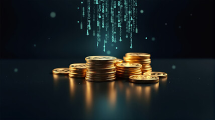 Stacks of golden cryptocurrency coins with digital code background on dark black surface. Blockchain technology, virtual currency, fintech, modern financial innovation, crypto money future concept.