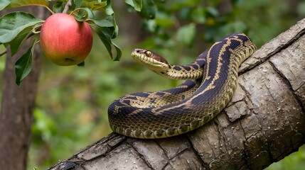 Fototapeta premium snake on apple tree branch 