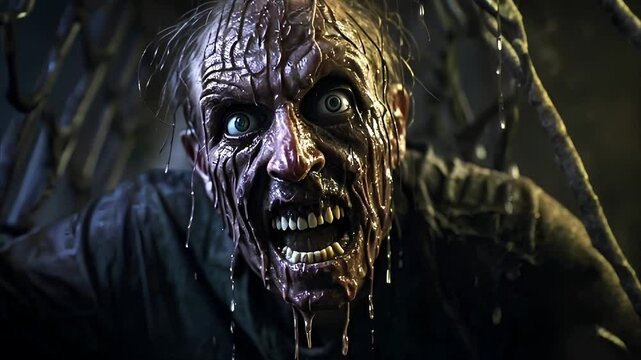 A zombie scary character emerging from shadows dripping with water and conveying a sense of fear and horror