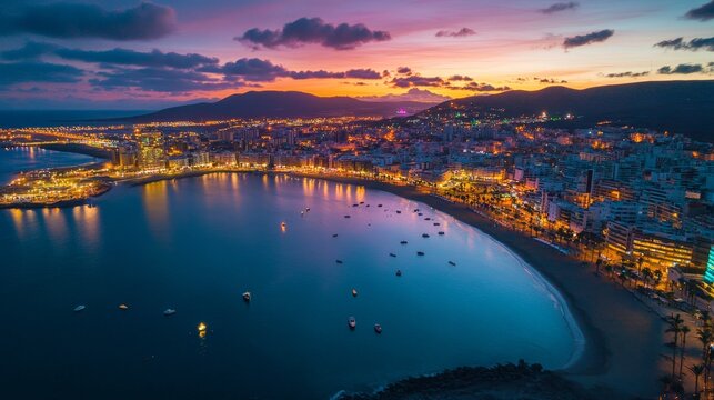 Aerial view of las palmas  evening beach scene in the capital of the canary islands, spain