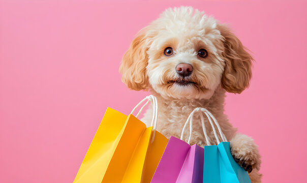 Cute puppy holding shopping bag isolated on the pibk background. with copy space. Banner for Black Friday at the pet supply store. Delivery concept. Christmas or New Year gift. 
