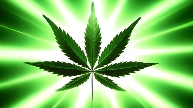 Cannabis leaf vibrant illuminated by bright rays green background Marijuana ganja hemp