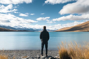 Fototapeta premium Solitude by a Tranquil Mountain Lake