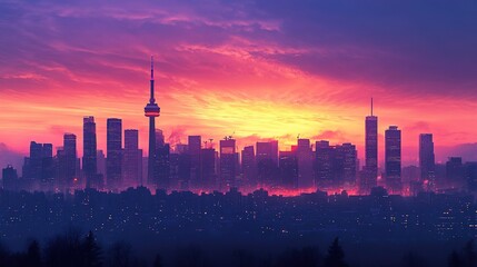 Fototapeta premium City skyline silhouette by sunset with vibrant sky and flowers wallpaper