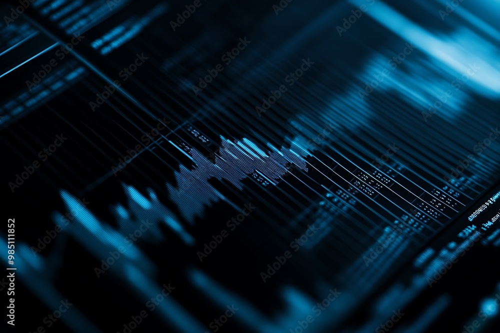 Poster abstract blue glowing financial chart with data and graph lines on a digital screen