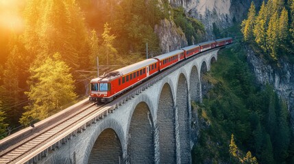 Red swiss train crossing landwasser viaduct bridge  a scenic journey through summer in switzerland