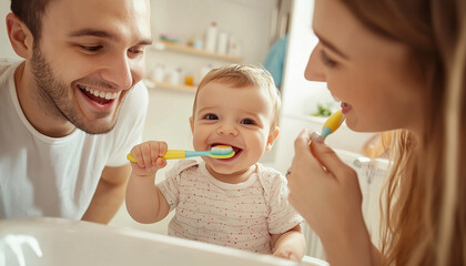 Parents showing their baby how to brush his teeth properly. The atmosphere is bright and friendly, reflecting the concern for children's hygiene