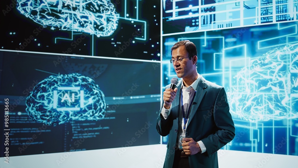 Poster speaker does presentation during tech conference, exploring successful implementation of ai in drivi