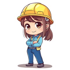 Cute cartoon female engineer wearing a yellow helmet