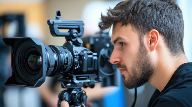 A man with beard holding a camera in front of his face, AI