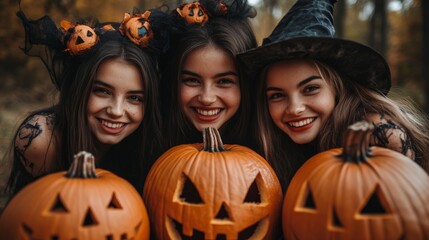 Fototapeta premium Happy Halloween: Group of Smiling Girls and Pumpkins in Witch Costumes