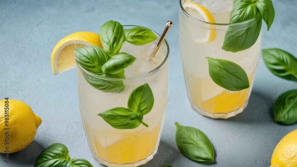Poster two refreshing lemon basil drinks with ice and garnished with lemon slices and fresh basil leaves.