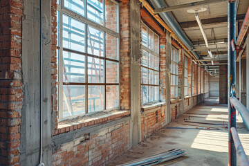 Renovation in old brick building. Interior of house with large windows during construction. Architectural repair. Industrial renovation