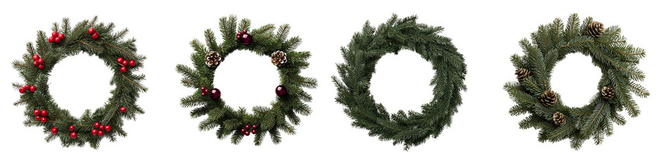 Four festive wreaths with varied decorations on a white isolate background. transparent background