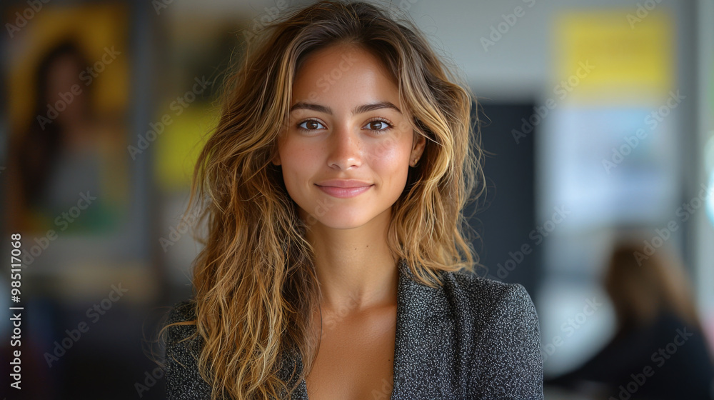 Canvas Prints Young woman with long brown hair smiling at the camera.