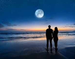 the silhouette of a man and a woman standing together on a beach at in waning moonlight