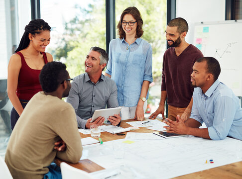 Group, architect and discussion for blueprint, tablet and teamwork for floor plan, smile and office. Digital, documents and people in boardroom, designer and collaboration of colleagues and project