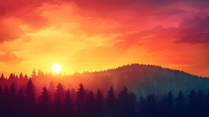 Fototapeta premium Vibrant sunset lighting up hills in wallpaper image
