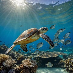Sea Turtles Swimming Gracefully in Clear Ocean Waters
