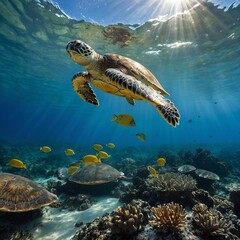 Sea Turtles Swimming Gracefully in Clear Ocean Waters
