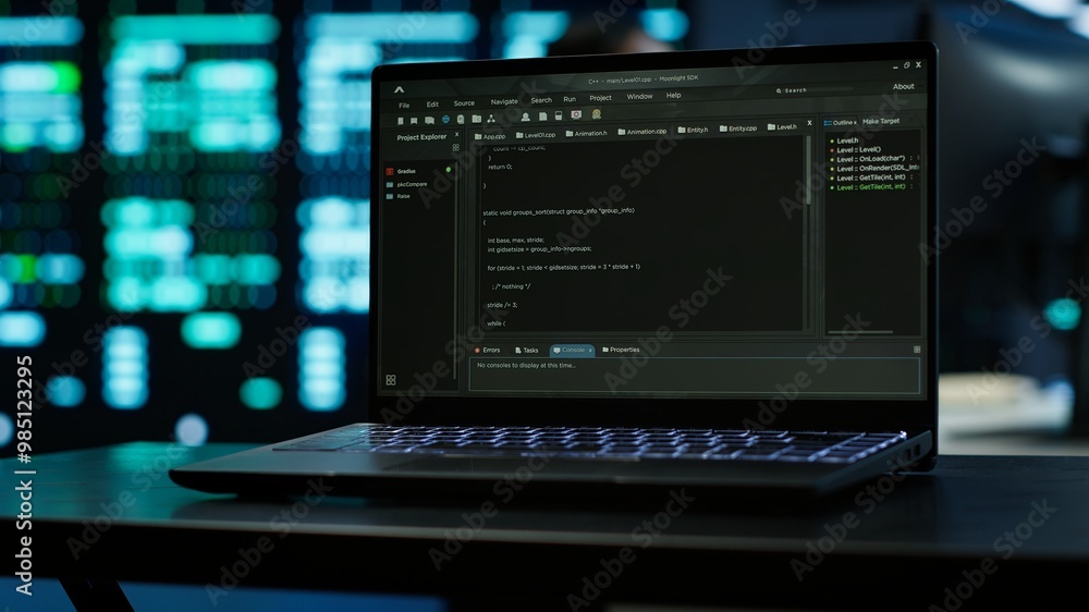 Poster focus on laptop used by engineers coding in modern data center, monitoring security threats. close u