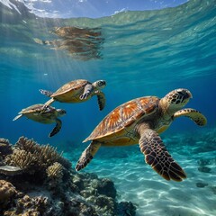 Sea Turtles Swimming Gracefully in Clear Ocean Waters