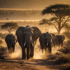 Herd of Elephants Walking Together Across the African Savannah