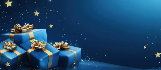 Beautifully wrapped blue gifts with golden bows on blue background. Merry Christmas. Greeting card for Christmas, birthday with a free copy space