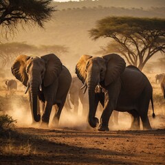 Herd of Elephants Walking Together Across the African Savannah