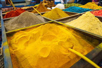 Fez, Morocco spices and herbs in medina of the Imperial city of Fes, considered the spiritual and cultural capital of Morocco
