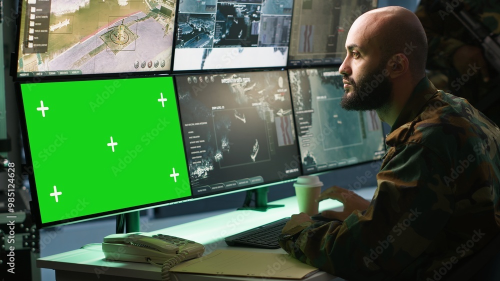Poster army soldier looking at chroma key screens in command center housing operational missile defense sys
