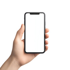 Hand holding a smartphone with a blank screen, white isolate background transparent background