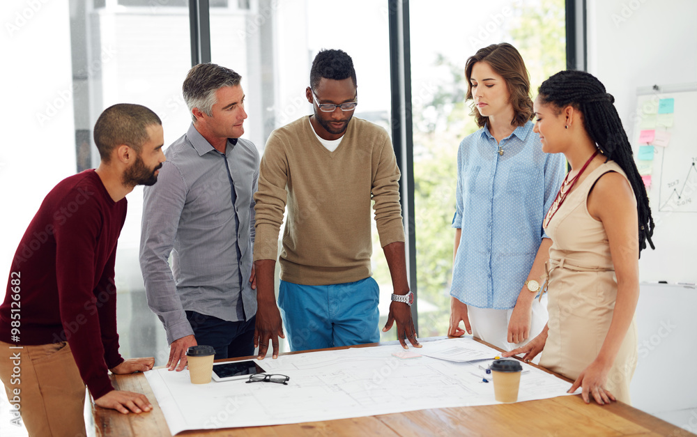 Poster architecture, business people and team with floor plan in office for planning home remodeling projec