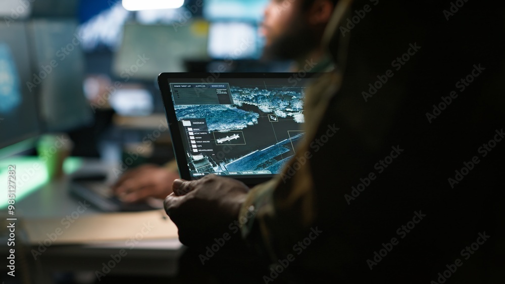 Aufkleber army telecommunication systems operator using satellite software on tablet, providing combat support