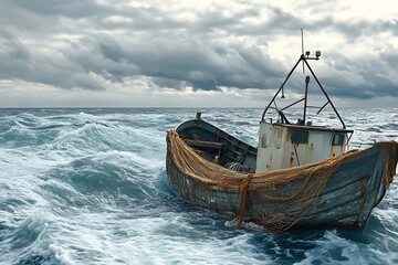 Small fishing boat on stormy sea with heavy clouds in sky