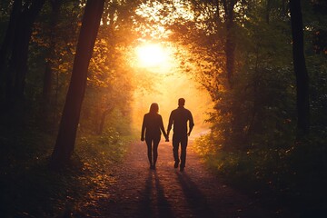 Fototapeta premium Silhouette of couple walking hand in hand on a forest path at sunset. Romantic relationship, love, nature, adventure