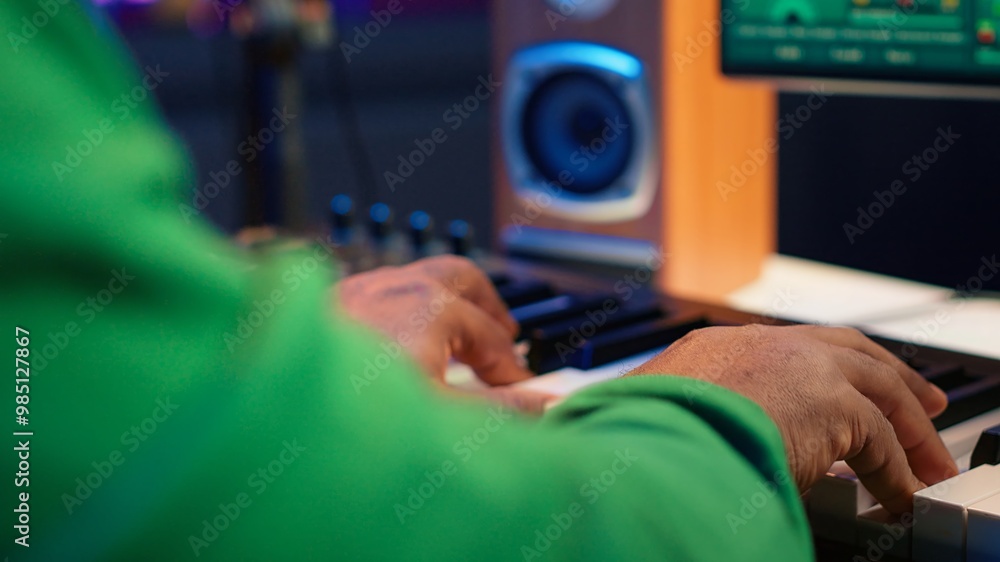 Leinwandbilder sound engineer playing piano and mixing tunes on digital software, composing new songs and adding au