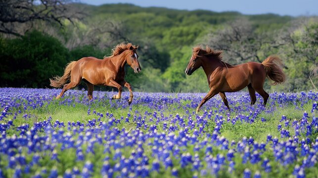 Two brown horses running freely in a field of vibrant violet Bluebonnet flowers in Texas hill country. Rolling hills, green grass, and wildflowers create a beautiful landscape.