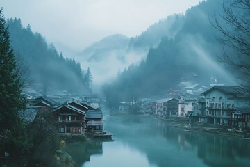 Fototapeta premium Misty Mountain Village with River and Foggy Landscape